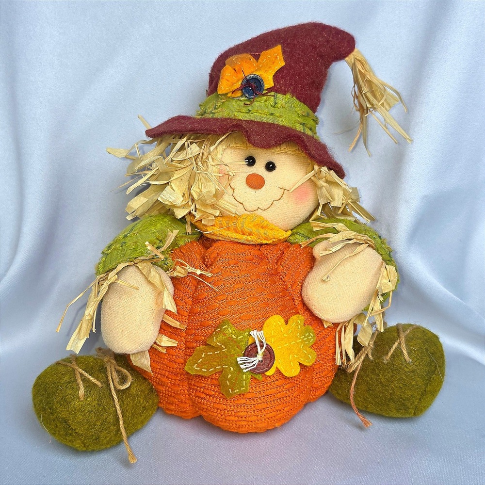 Plush Scarecrow Pumpkin Figurine Fall Harvest Thanksgiving Decor Rustic Stuffed
